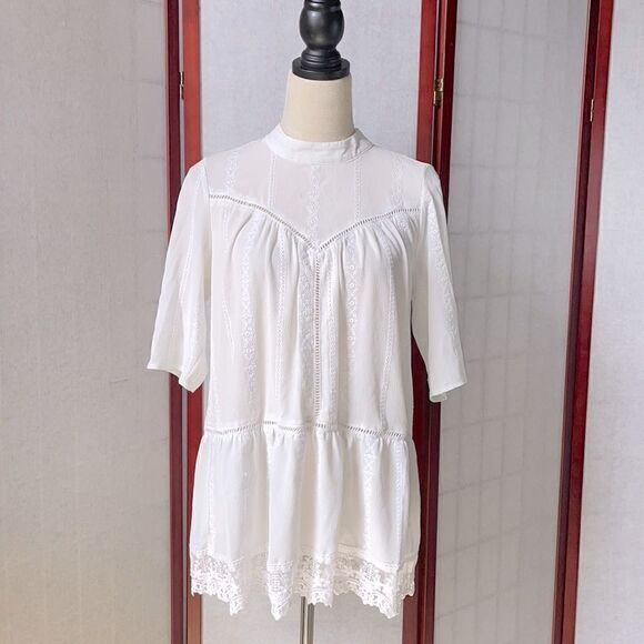 Anthropologie Leith White Lace High Neck Top with Eyelet Cut Outs (Size: Small) - Picture 10 of 16